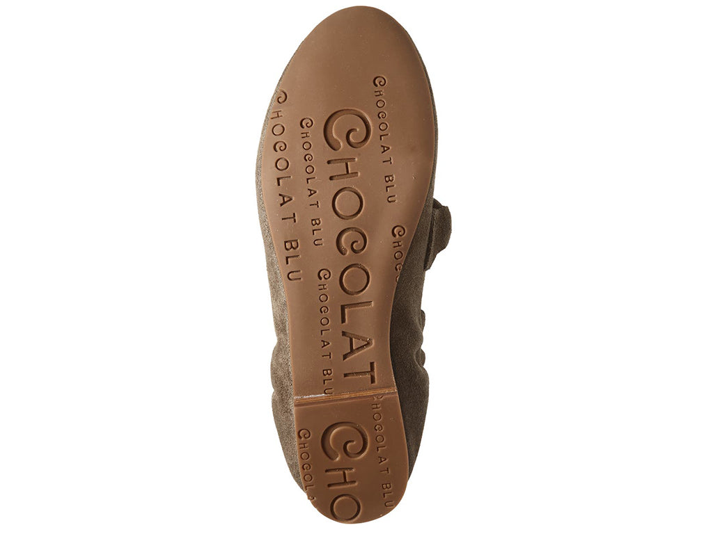 Toffee suede rounded toe flat with decorative cord design and elasticized sides on a white background bottom sole view
