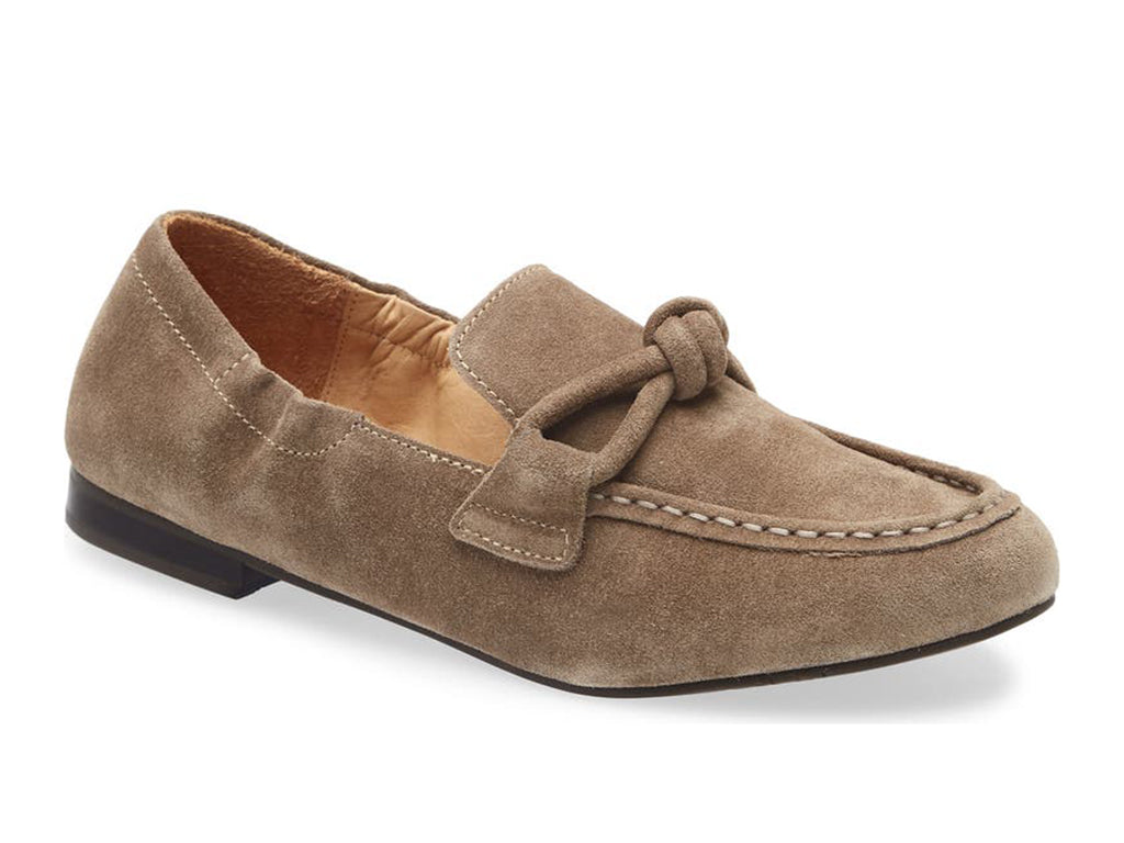 Toffee suede rounded toe flat with decorative cord design and elasticized sides on a white background side angle view