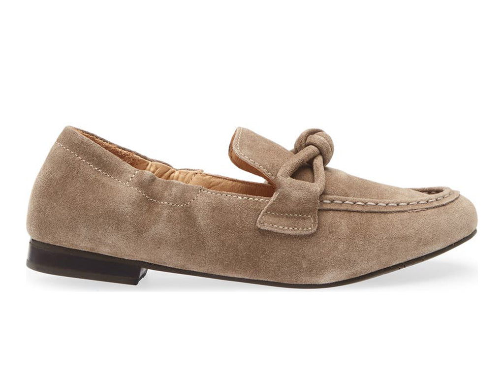 Toffee suede rounded toe flat with decorative cord design and elasticized sides on a white background side view