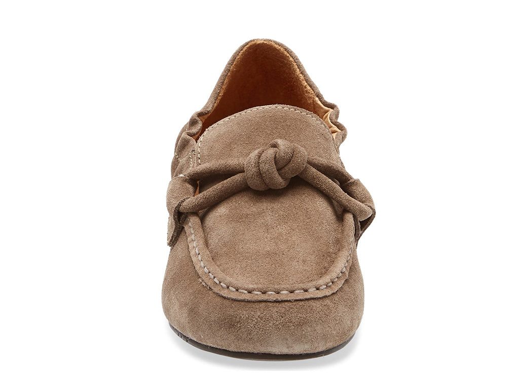 Toffee suede rounded toe flat with decorative cord design and elasticized sides on a white background front view