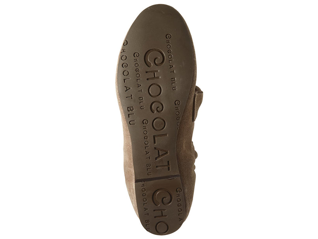 Dark tauoe suede rounded toe flat with decorative cord design and elasticized sides on a white background bottom sole view