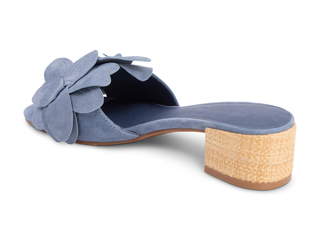 Blue suede sandal with a flower detail and mid-height block heel - view from the back