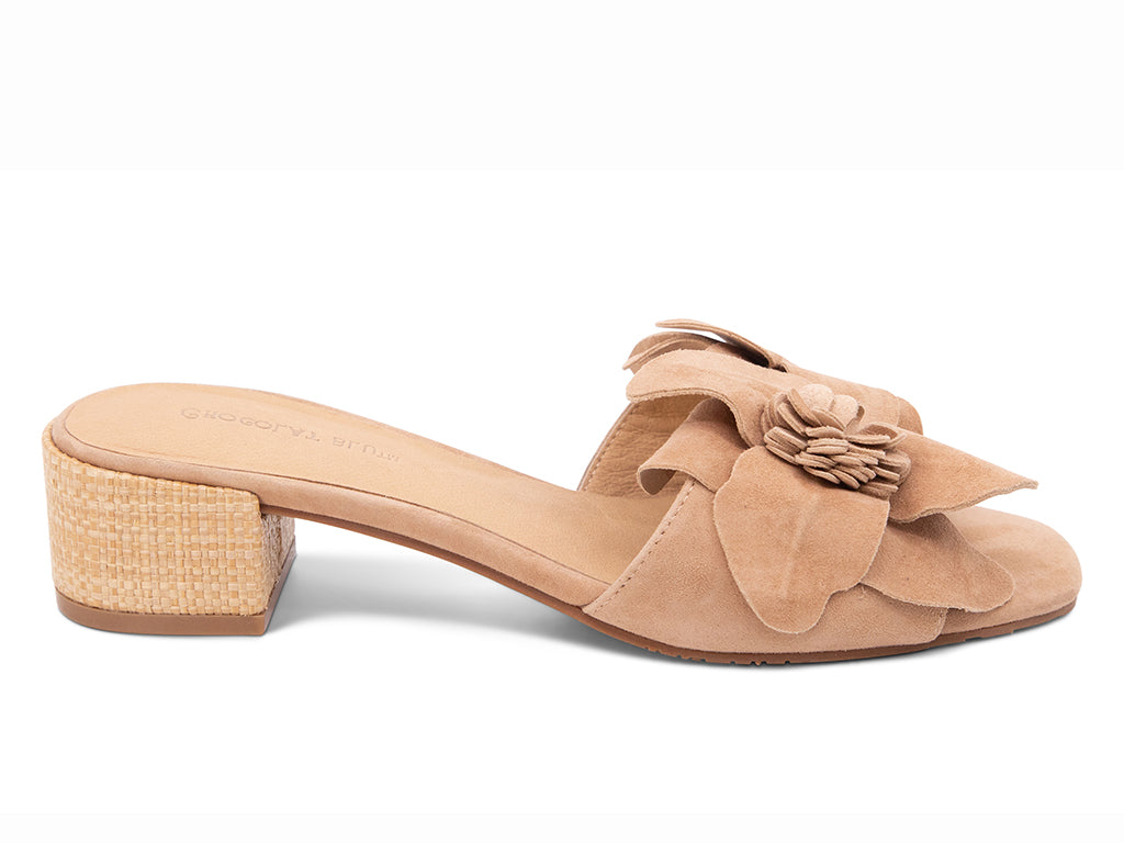 latte suede sandal with a flower on a mid-height block heel  - side view