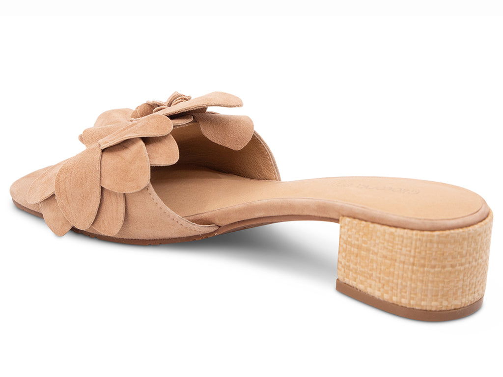 latte suede sandal with a flower on a mid-height block heel - view from the back