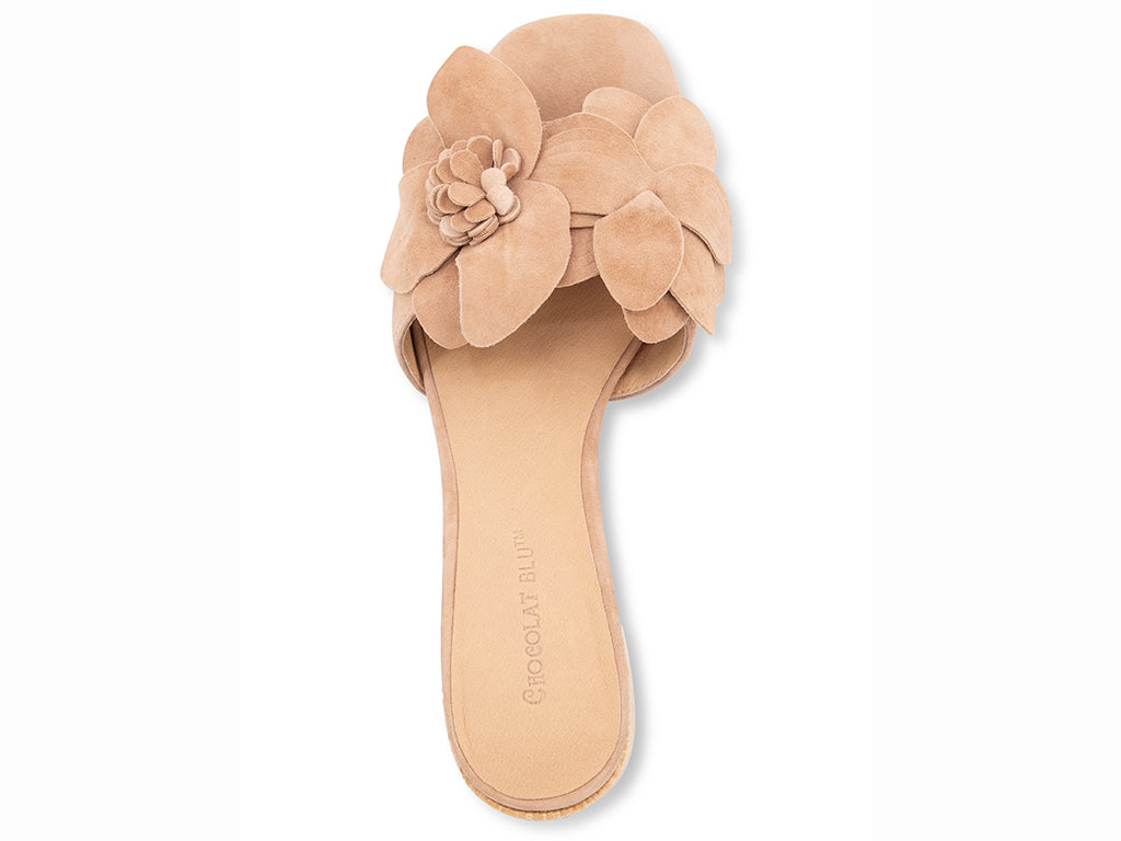 latte suede sandal with a flower on a mid-height block heel - view from the top