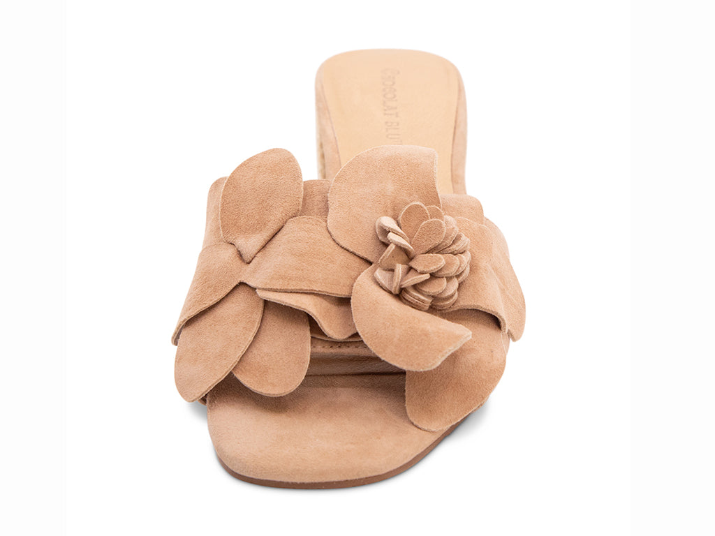 latte suede sandal with a flower on a mid-height block heel  - view from the front