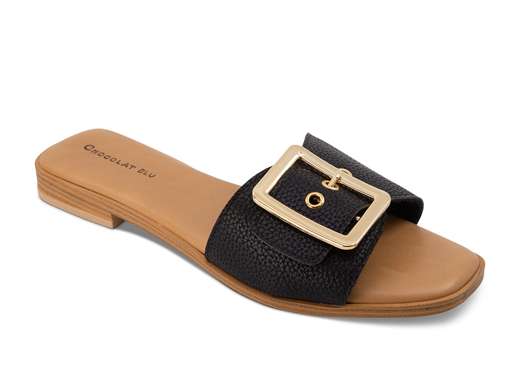 black sandal with gold buckle on a low heel