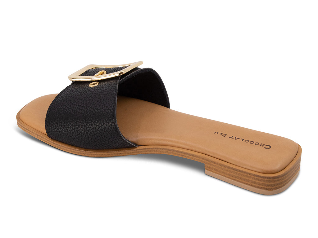 black sandal with a gold buckle on a low heel - view from the back