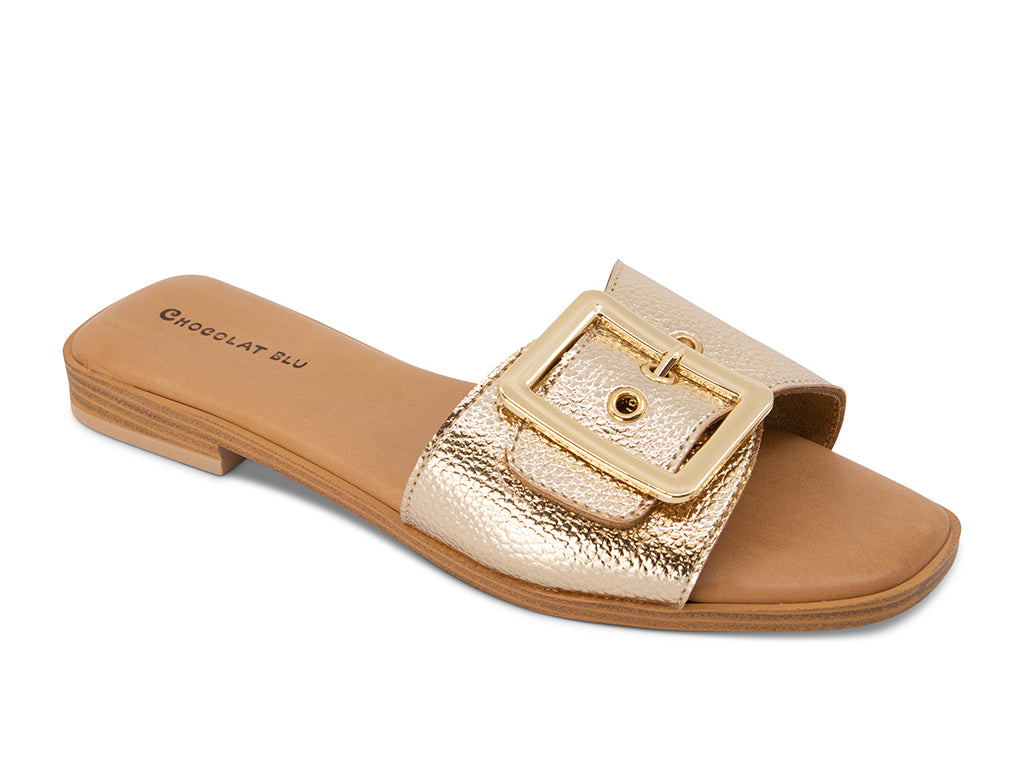 gold sandal with buckle on a low heel