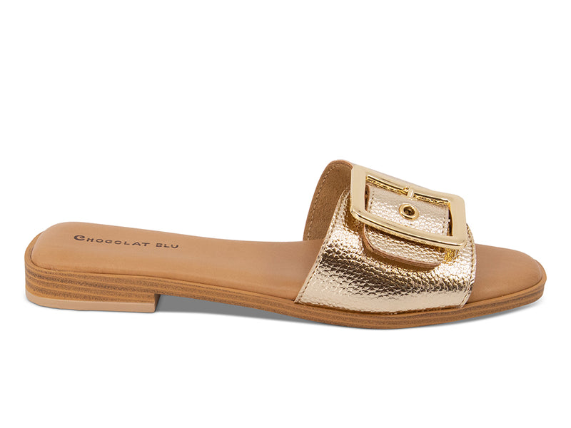 gold slide sandal with buckle and low heel - side view