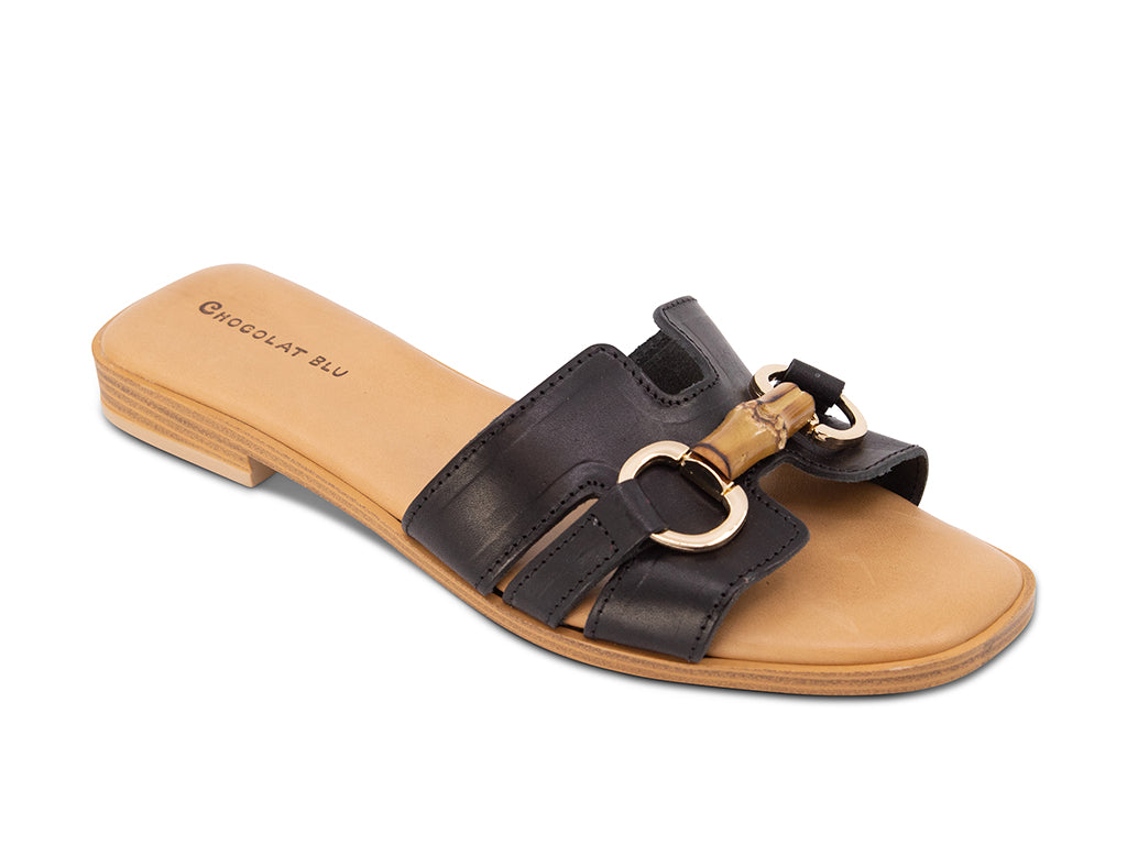 black sandal with bamboo toggle on a low heel