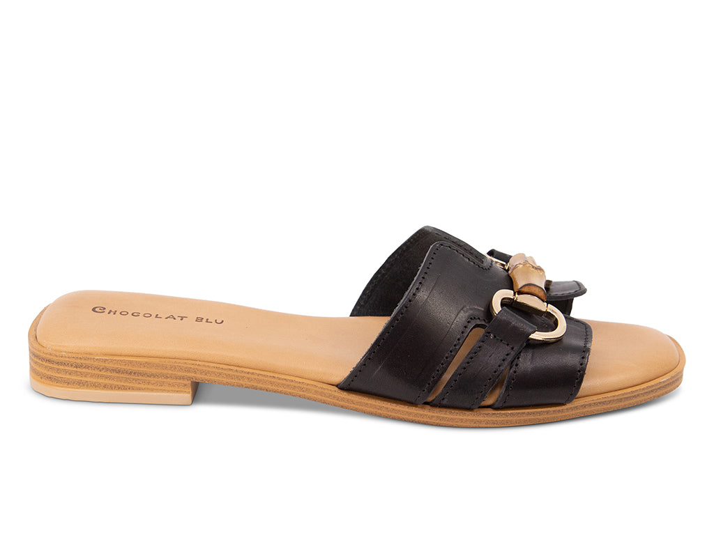 black sandal with bamboo toggle on a low heel - side view