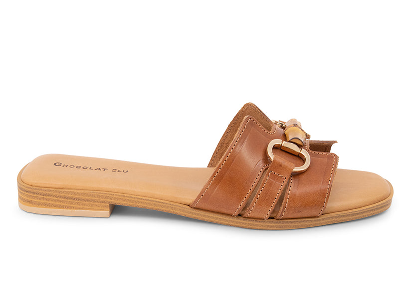 brown sandal with bamboo toggle on a low heel - side view