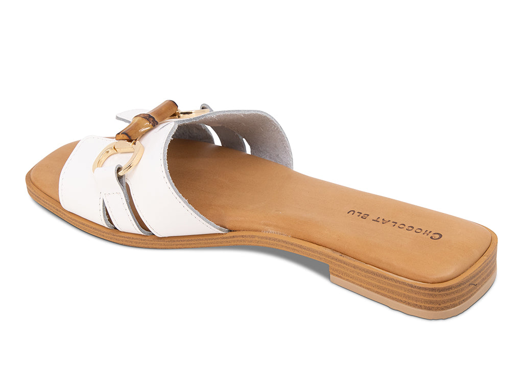 white sandal with bamboo toggle on a low heel - view from the back