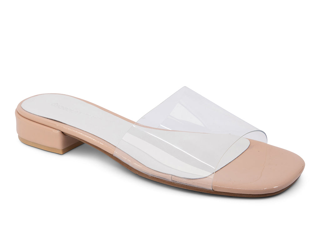 Belya Clear Vinyl Upper Nude Patent Lining and Heel_front angle view