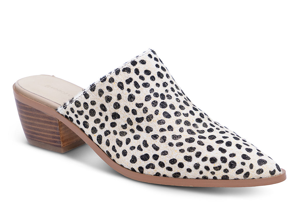 a pointed toe mule with calf hair gold dotted upper and stacked block heel - front view