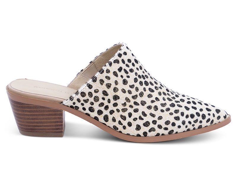 a pointed toe mule with calf hair gold dotted upper and stacked block heel - side view