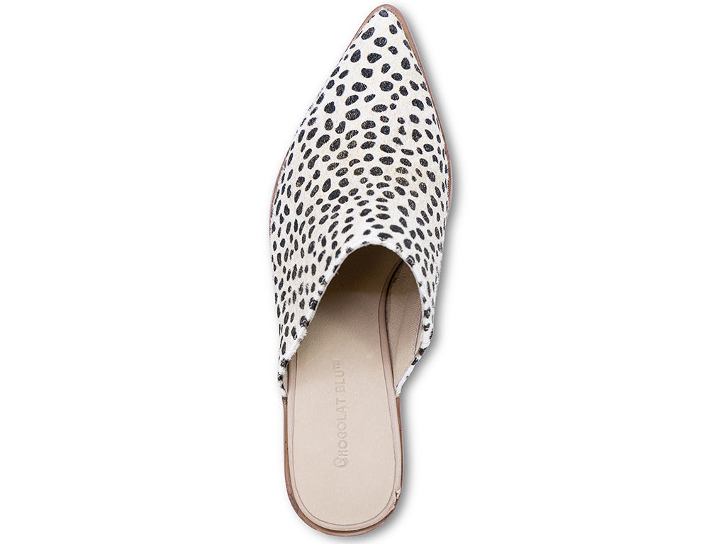 a pointed toe mule with calf hair gold dotted upper and stacked block heel - top view