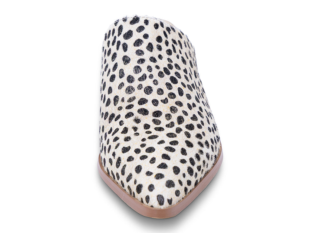 a pointed toe mule with calf hair gold dotted upper and stacked block heel -front view of the pointed toe and upper