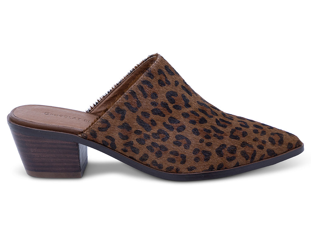 a pointed toe mule with leopard pattern calf hair upper and stacked block heel - side view
