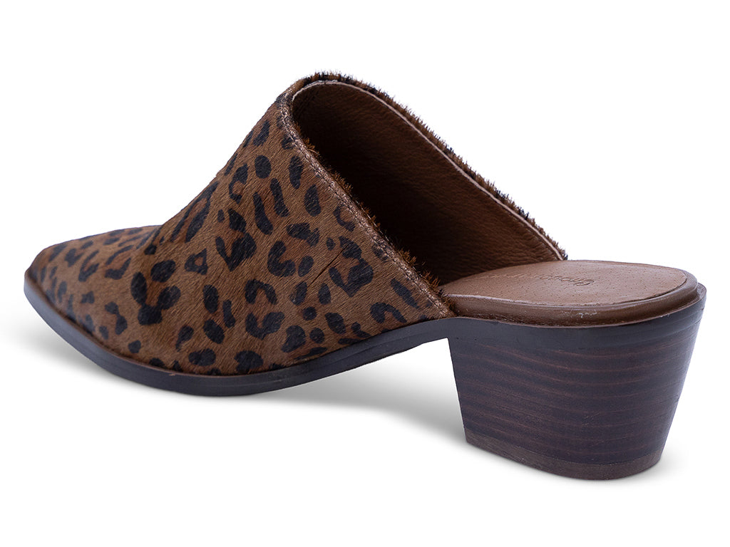 a pointed toe mule with leopard pattern calf hair upper and stacked block heel - view of the opposite side 