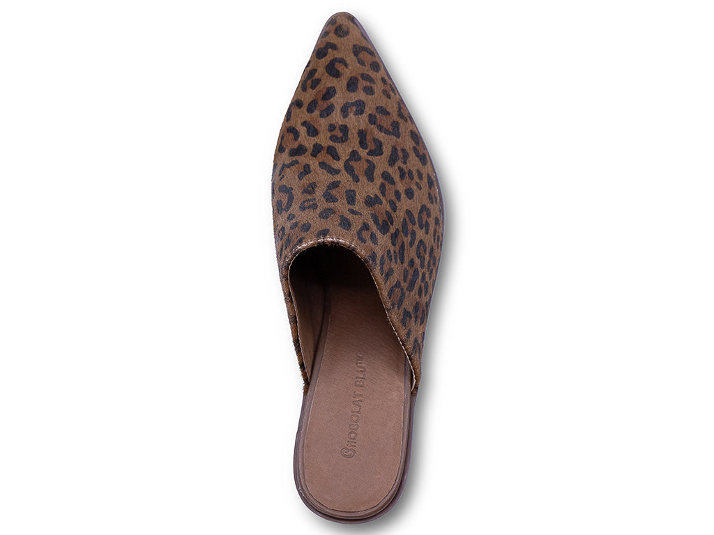 a pointed toe mule with leopard pattern calf hair upper and stacked block heel - top view