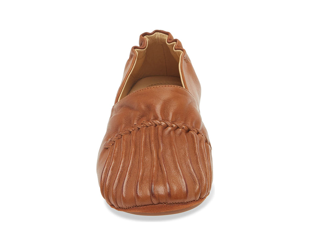 Camel leather rounded toe flat with ruched design and elasticized back on a white background front view