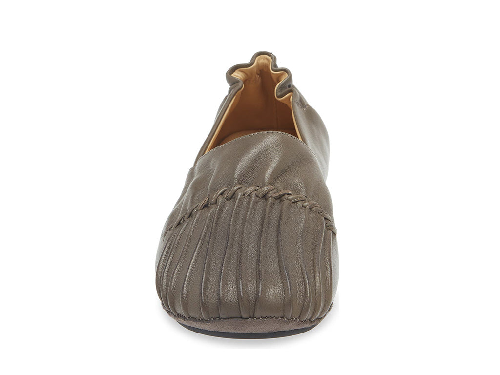 Grey leather rounded toe flat with ruched design and elasticized back on a white background front view