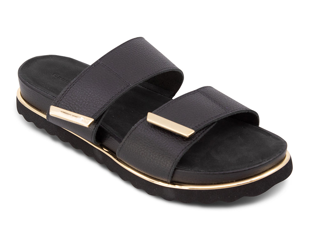 black sandal with black track sole and gold accents