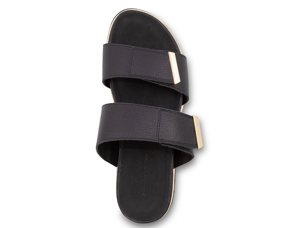 black sandal with black track sole and gold accents - view from the top
