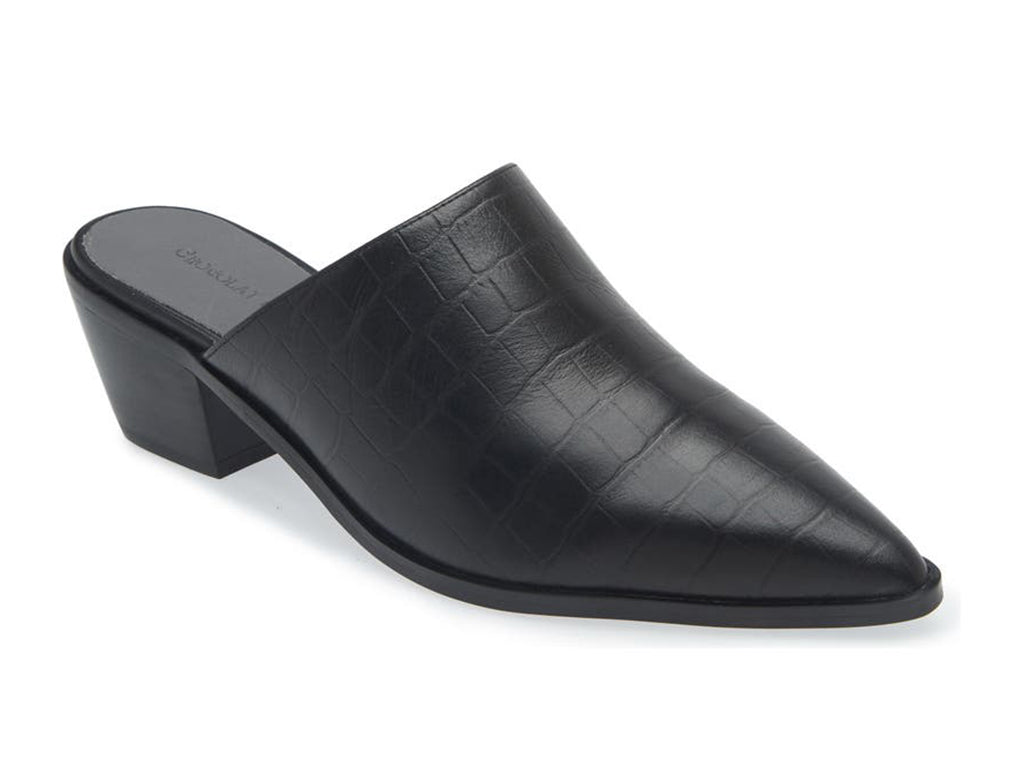 Black crocodile-patterned leather mule slide in shoe on a white background side angle view