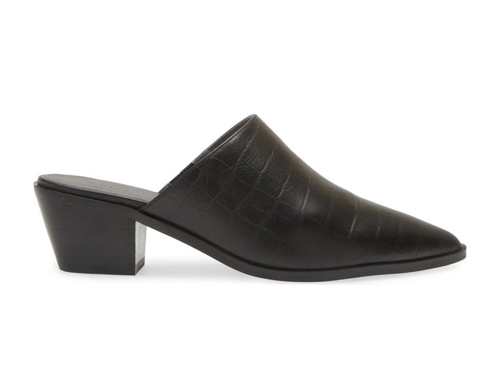 Black crocodile-patterned leather mule slide in shoe on a white background side view