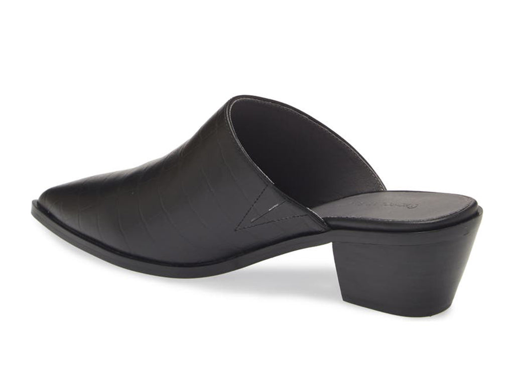 Black crocodile-patterned leather mule slide in shoe on a white background side angle view