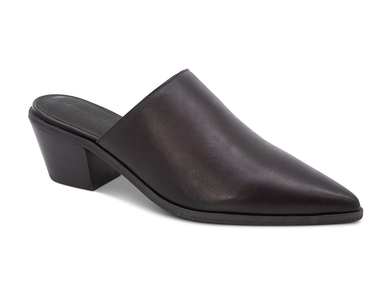 Black leather pointed toe with block heel on a white background side angle view