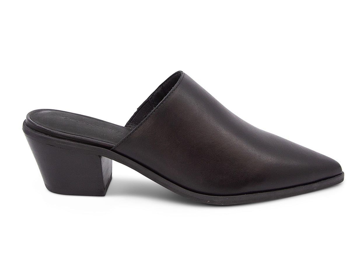 Black leather pointed toe with block heel on a white background side view
