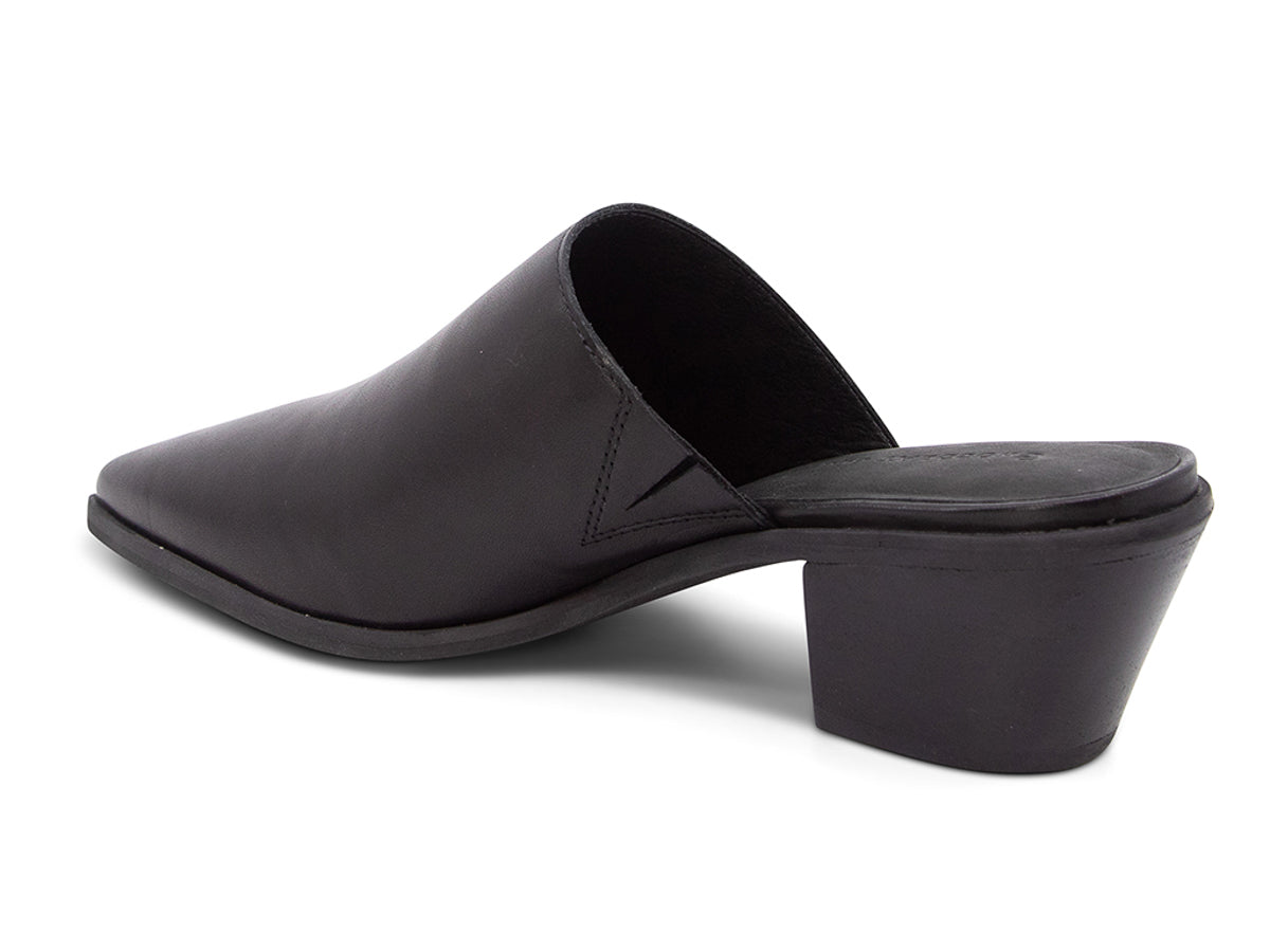 Black leather pointed toe with block heel on a white background side angle view