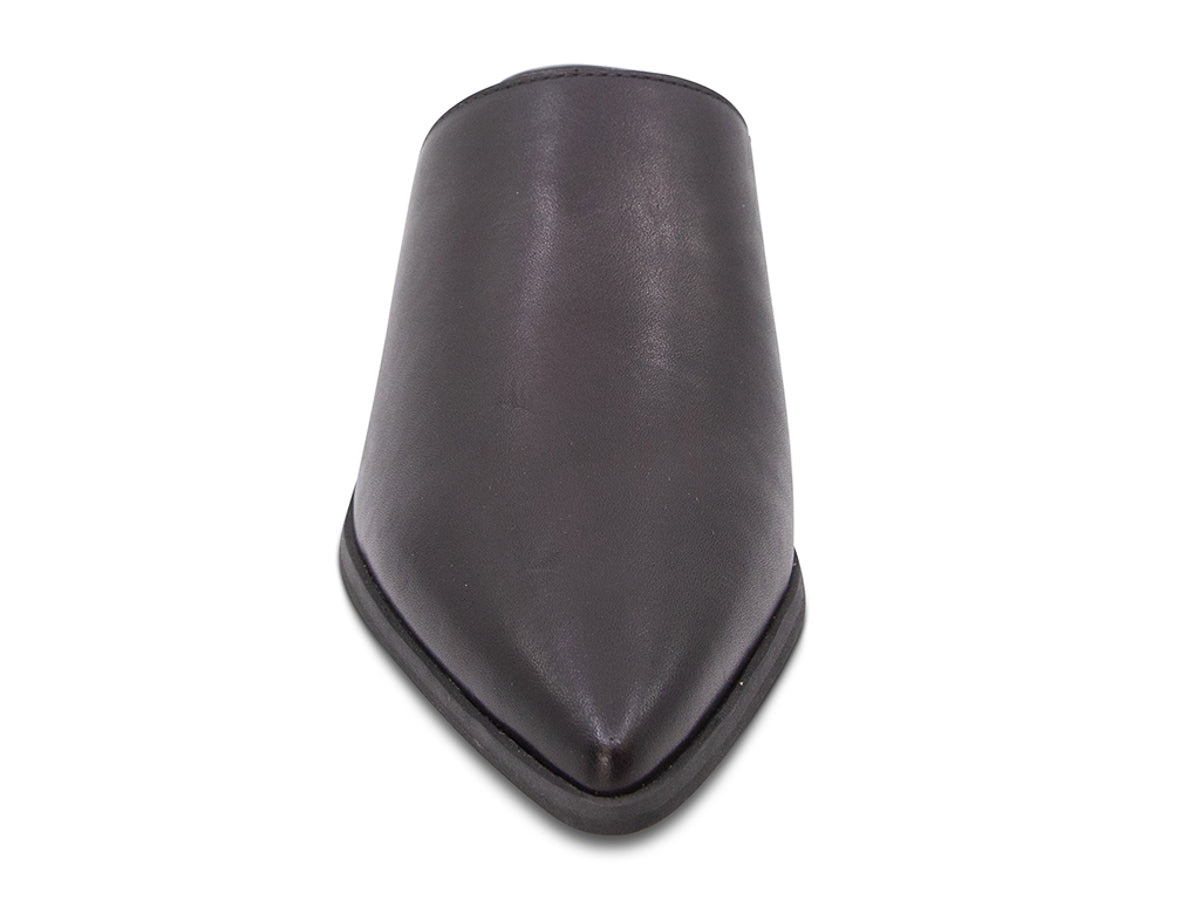 Black leather pointed toe with block heel on a white background front view