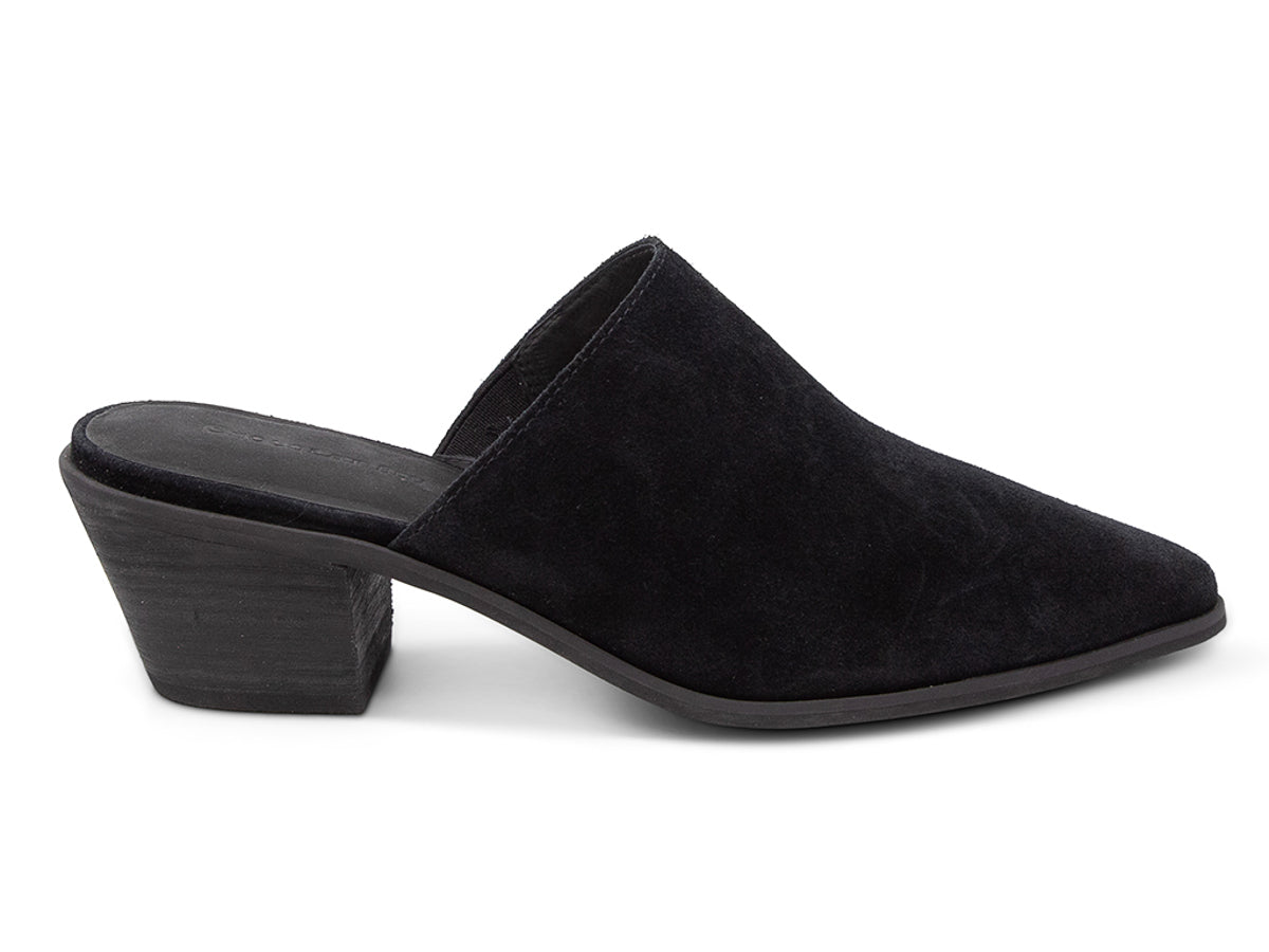 Black suede pointed toe slide in shoe with block heel on a white background side view