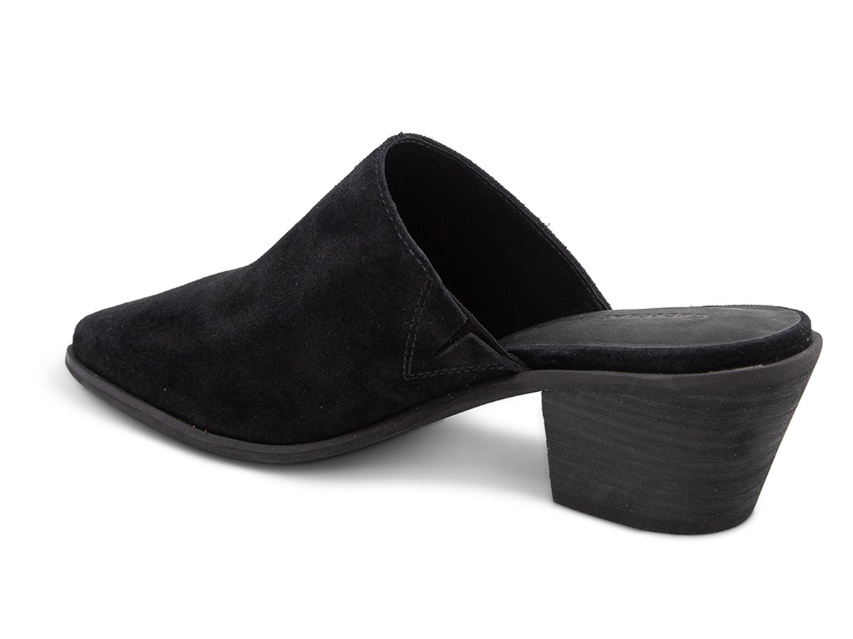 Black suede pointed toe slide in shoe with block heel on a white background side angle view