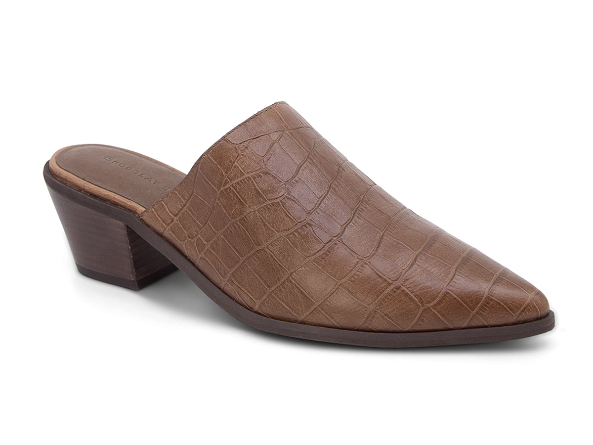 Brown crocodile-patterned leather mule slide in shoe on a white background side angle view