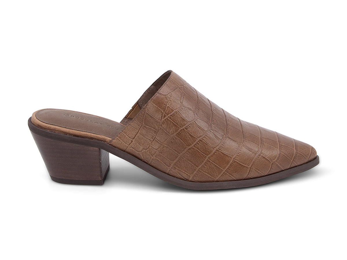 Brown crocodile-patterned leather mule slide in shoe on a white background side view