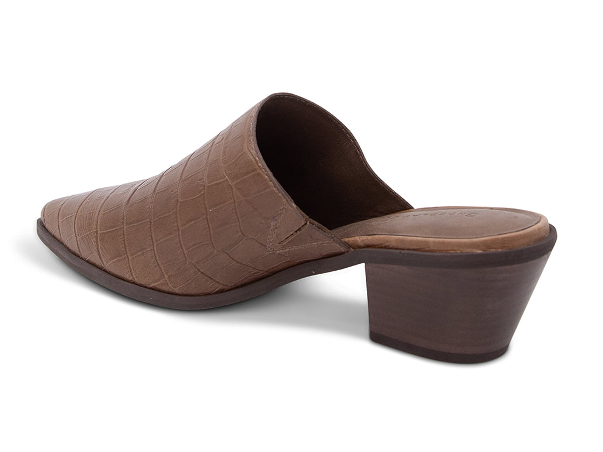 Brown crocodile-patterned leather mule slide in shoe on a white background side angle view