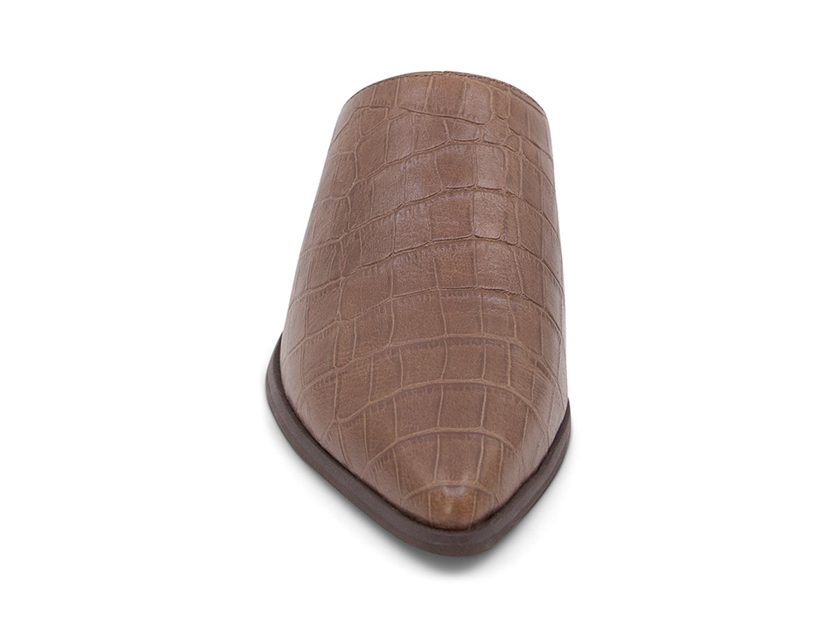 Brown crocodile-patterned leather mule slide in shoe on a white background front view
