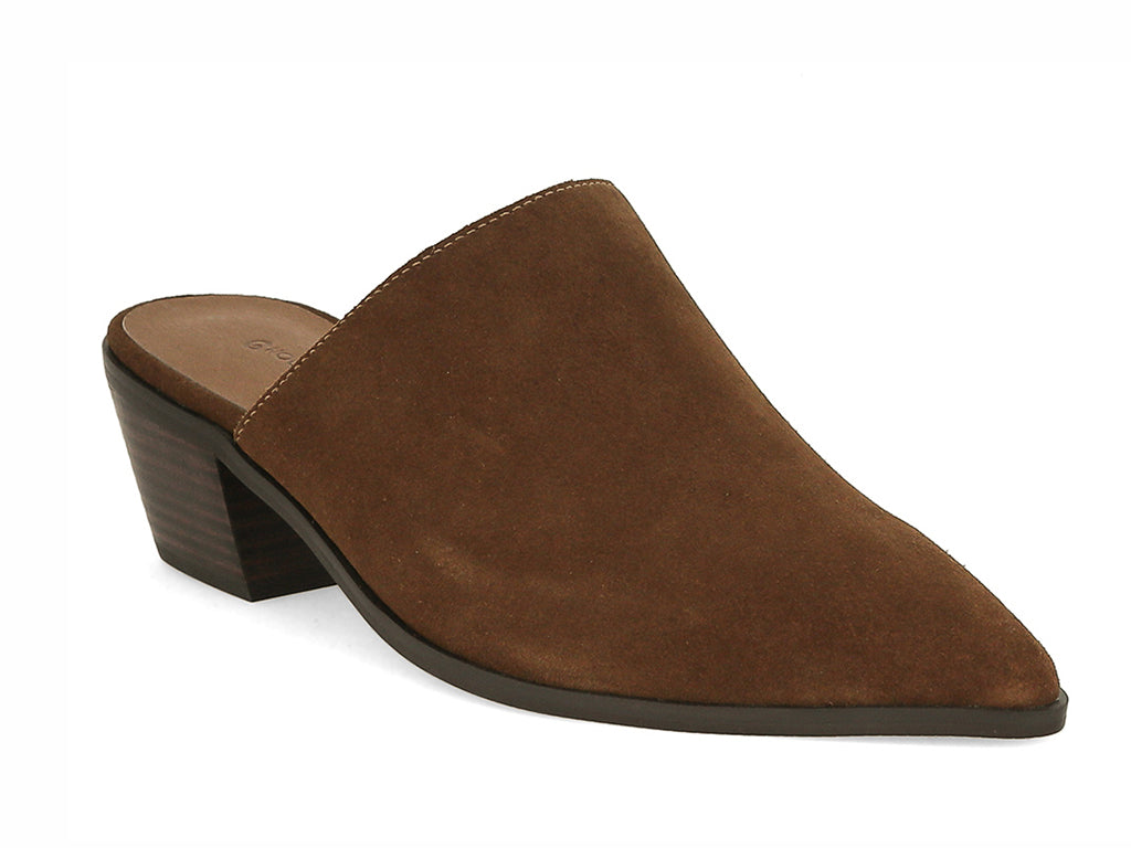 Brown suede pointed toe slide in shoe with block heel on a white background side angle view