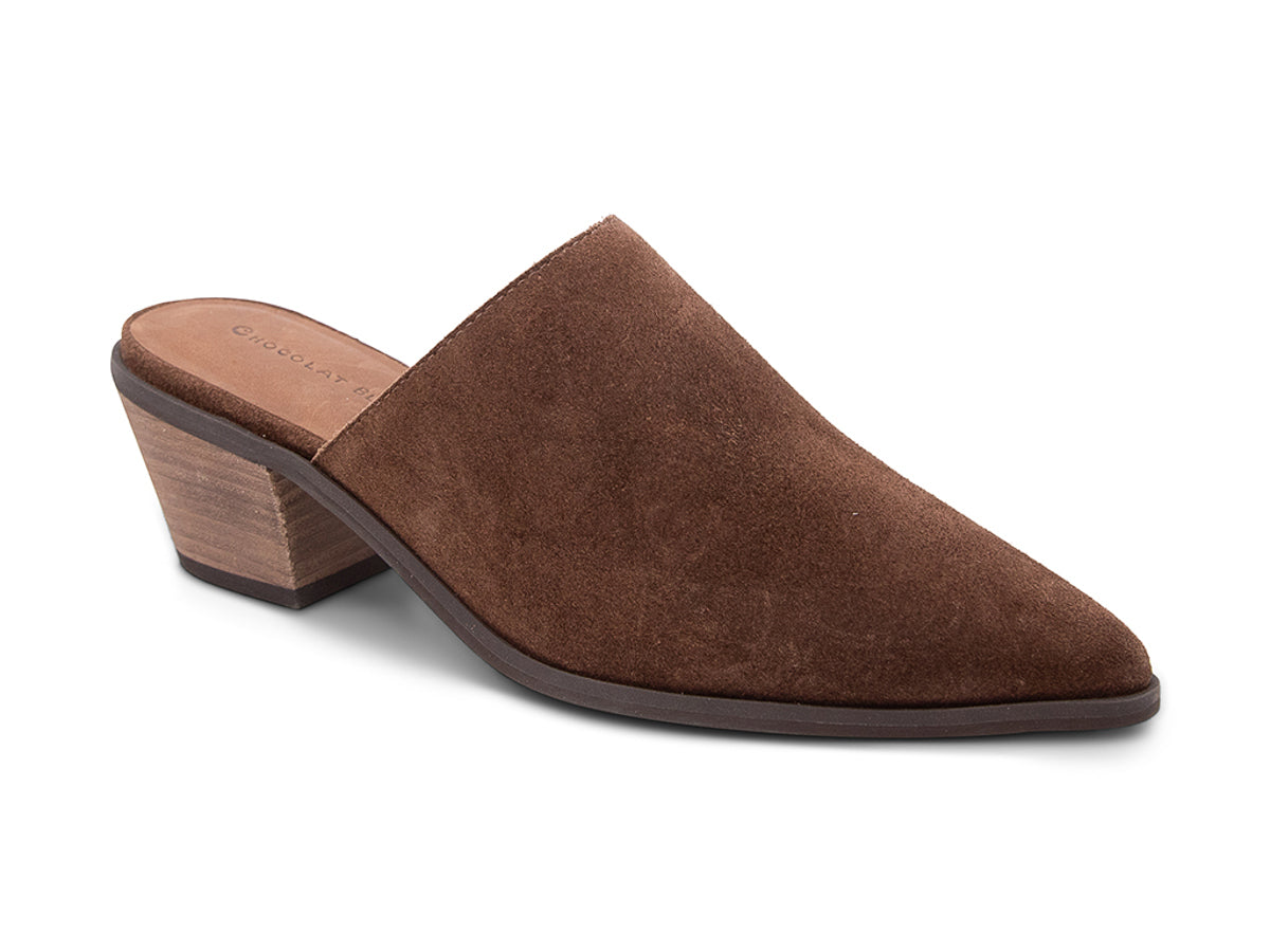 Chocolate suede pointed toe slide in shoe with block heel on a white background side angle view
