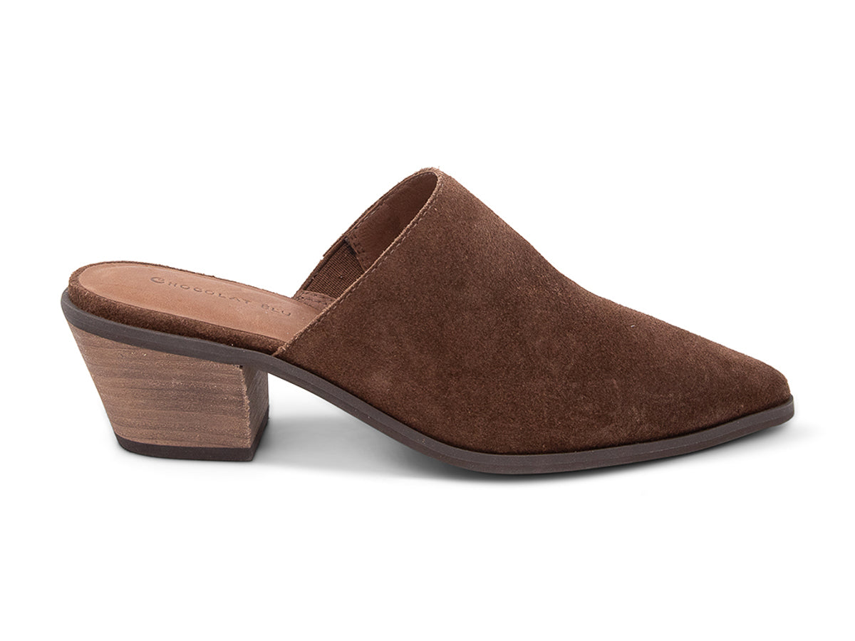 Chocolate suede pointed toe slide in shoe with block heel on a white background side view