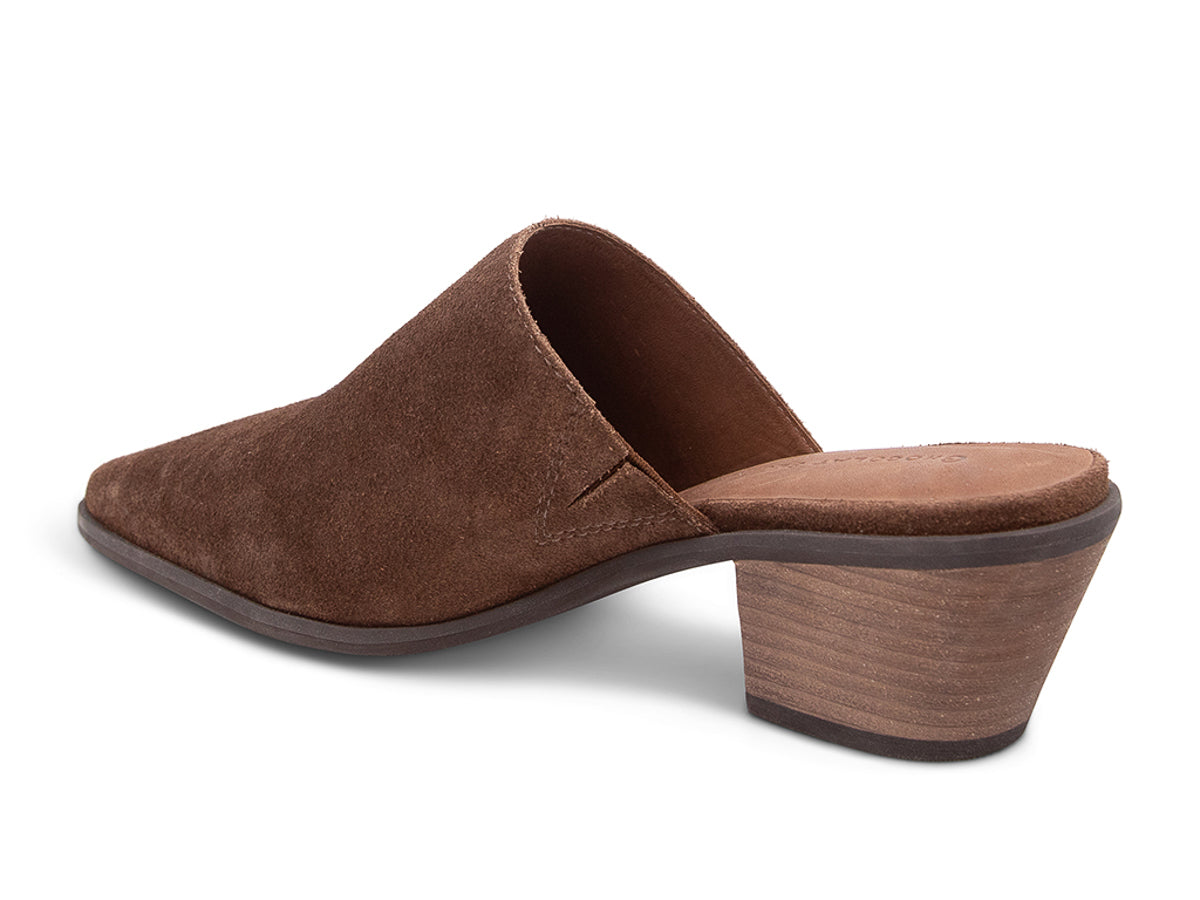 Chocolate suede pointed toe slide in shoe with block heel on a white background side angle view