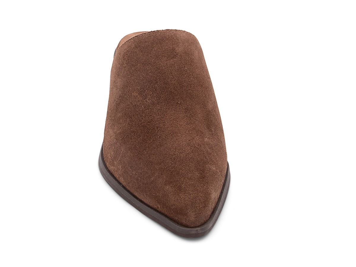 Chocolate suede pointed toe slide in shoe with block heel on a white background front view