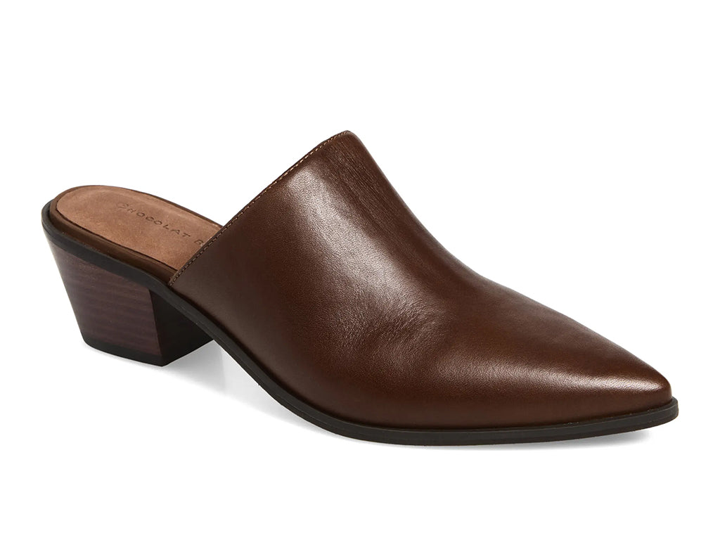 A dark brown leather pointed-toe mule  with a stacked block heel - front 3/4 view