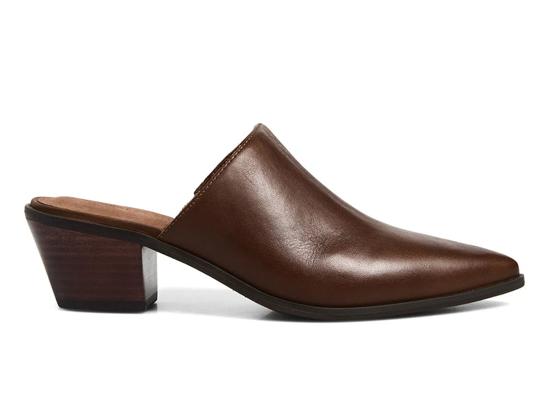 A dark brown leather pointed-toe mule  with a stacked block heel - outer side view